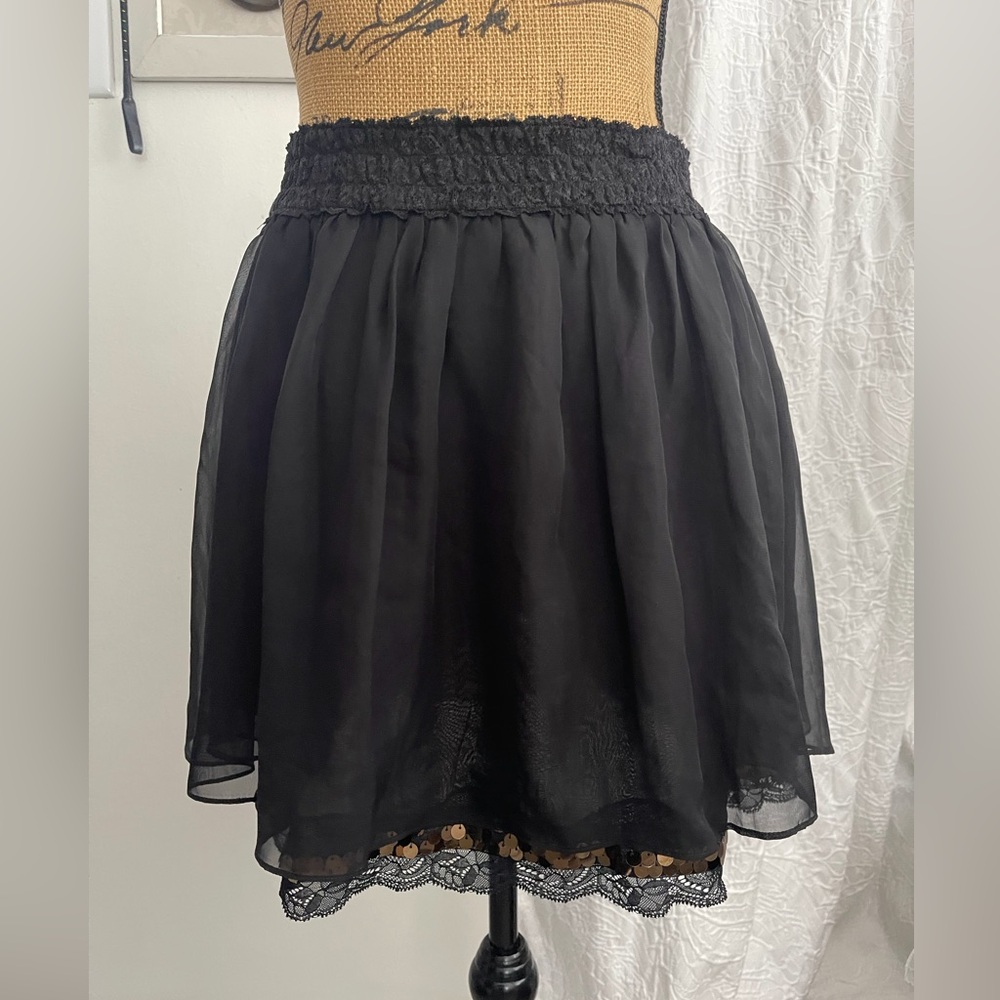 Free People Black Mini Skirt Sheer Layers Lace Sequin Hem Boho Festival Size M